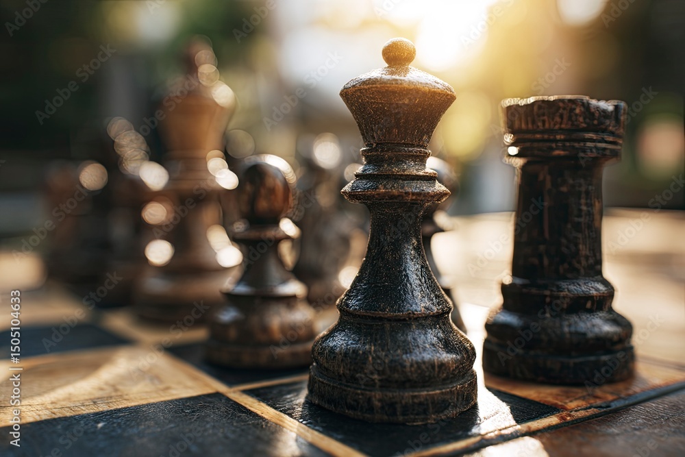 Fototapeta premium Wooden chess pieces on a chessboard, a chess game concept, set against an outdoor background on a sunny day. 