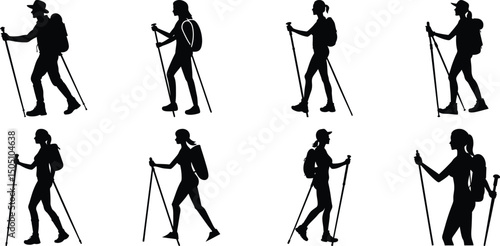 Hiker Silhouettes set. Silhouettes of climbers are isolated on a transparent background. Climber People with backpacks.