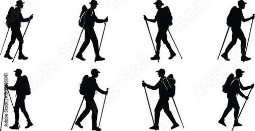 Hiker Silhouettes set. Silhouettes of climbers are isolated on a transparent background. Climber People with backpacks.