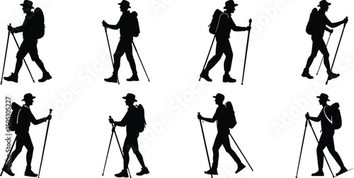 Hiker Silhouettes set. Silhouettes of climbers are isolated on a transparent background. Climber People with backpacks.