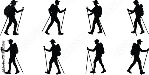Hiker Silhouettes set. Silhouettes of climbers are isolated on a transparent background. Climber People with backpacks.