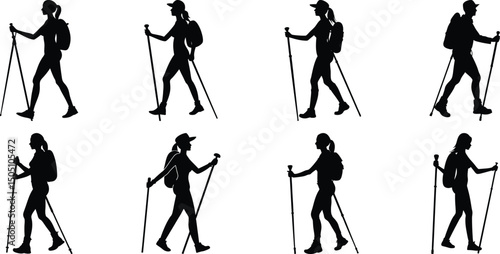 Hiker Silhouettes set. Silhouettes of climbers are isolated on a transparent background. Climber People with backpacks.