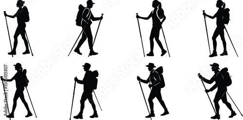 Hiker Silhouettes set. Silhouettes of climbers are isolated on a transparent background. Climber People with backpacks.