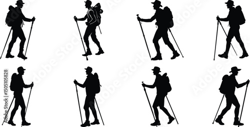 Hiker Silhouettes set. Silhouettes of climbers are isolated on a transparent background. Climber People with backpacks.
