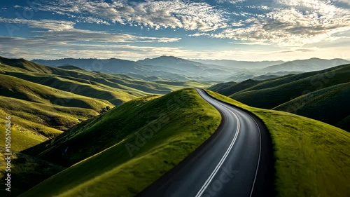 Winding road through a valley of rolling hills