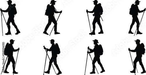 Hiker Silhouettes set. Silhouettes of climbers are isolated on a transparent background. Climber People with backpacks.