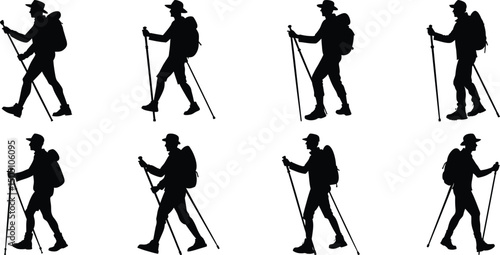 Hiker Silhouettes set. Silhouettes of climbers are isolated on a transparent background. Climber People with backpacks.
