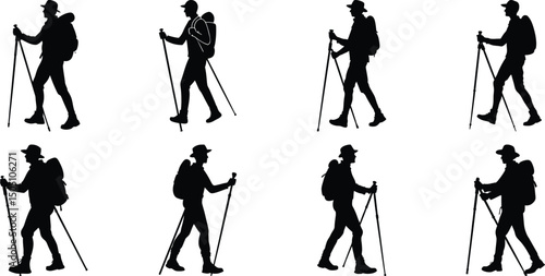 Hiker Silhouettes set. Silhouettes of climbers are isolated on a transparent background. Climber People with backpacks.