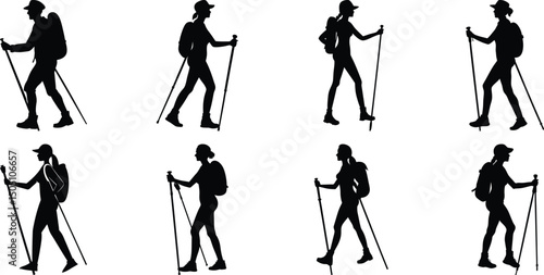 Hiker Silhouettes set. Silhouettes of climbers are isolated on a transparent background. Climber People with backpacks.