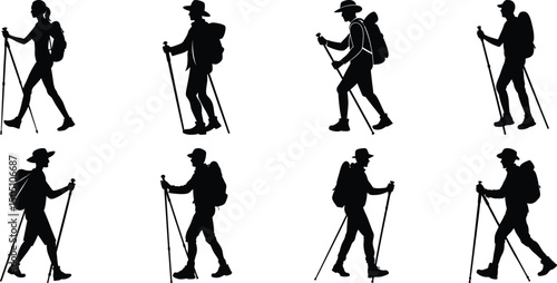 Hiker Silhouettes set. Silhouettes of climbers are isolated on a transparent background. Climber People with backpacks.