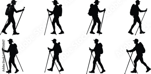Hiker Silhouettes set. Silhouettes of climbers are isolated on a transparent background. Climber People with backpacks.