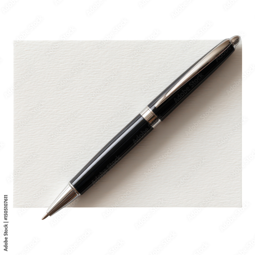 Black and silver pen placed diagonally on a blank white card. Black and silver pen placed diagonally on a blank white card.
