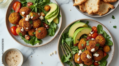 Elegant table for two featuring falafel, tabbouleh, tahini, and pita on ceramic plates, set in a minimalist yet warm, colorful dining atmosphere.