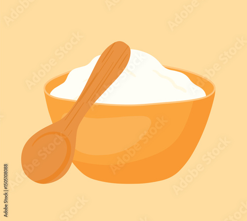 Bowl of flour with wooden spoon icon clipart for baking ingredient hand drawn vector illustration