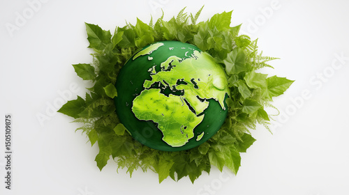 Green global world with leaf isolated on white background, Text space, template for world environment day.
