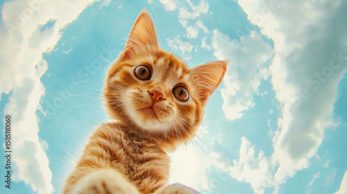 An orange cat looking at the camera, with cute and happy expressions, standing in a circle, viewed from below against the sky, in light colors. 