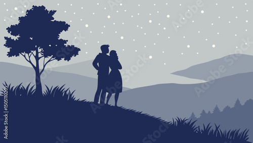 Silhouette of a couple stargazing on a hilltop