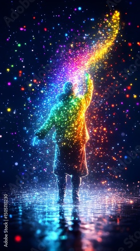 A hooded figure, composed of vibrant, multicolored particles, stands amidst a sparkling, dark environment, their raised arm emitting a radiant arc of light, reflected in a shimmering pool below