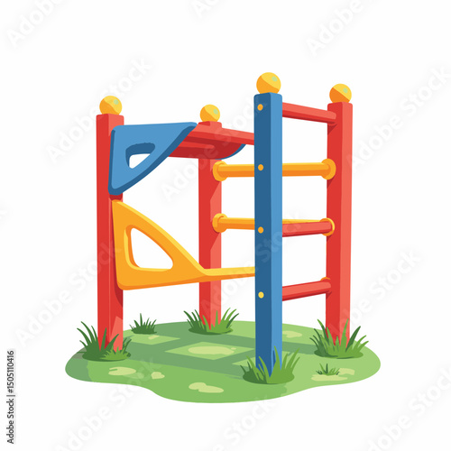 Colorful climbing jungle gym on grass, playful childhood joy