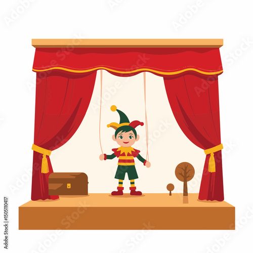 Joyful jester puppet performing on classic stage, whimsical theater