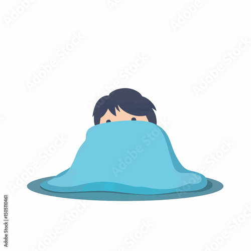 Curious boy peeking from under blue blanket, playful innocence