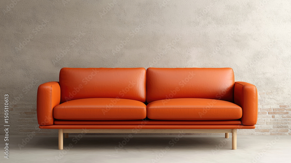 Modern living room design stylish orange couch in minimalist space interior decoration contemporary aesthetic cozy environment wide angle view Modern living room design stylish orange couch in minimalist space interior decoration contemporary aesthetic cozy environment wide angle view