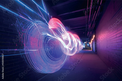 Neon Light Trails in Urban Tunnel