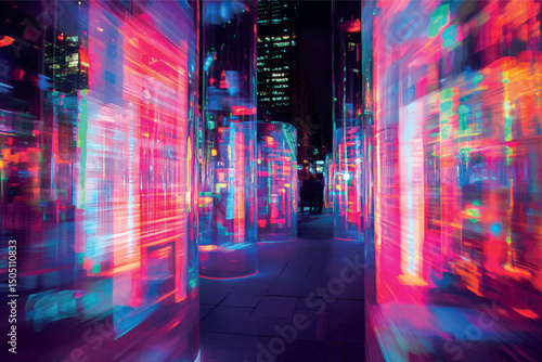 Vibrant Neon Cylinders in Cityscape