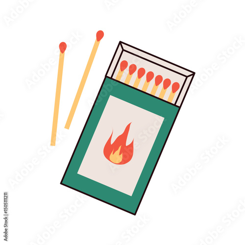 Flat illustration of a green matchbox with red-tipped matches and a flame icon on the cover. Represents camping gear, fire starting tools, and outdoor survival essentials. Vector illustration