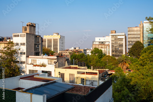 Elevated perspective of Mexico City rooftops with green trees, modern and classic buildings, natural light, and urban landscape, ideal for real estate visuals.