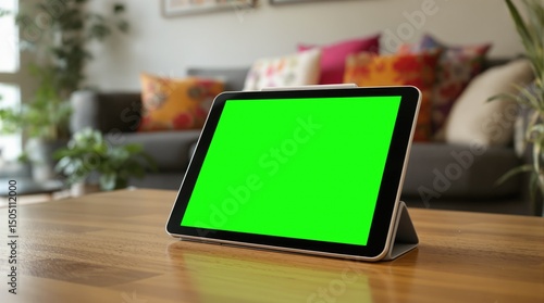 A modern tablet displayed on a wooden table with a vibrant green screen.