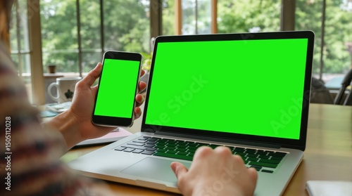 A person using a laptop and smartphone with green screens for digital design.