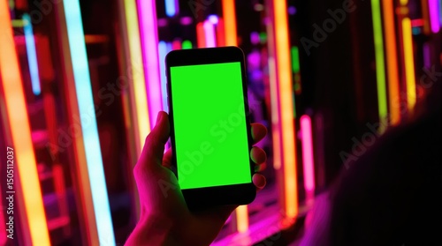A smartphone with a green screen held against a backdrop of colorful neon lights.