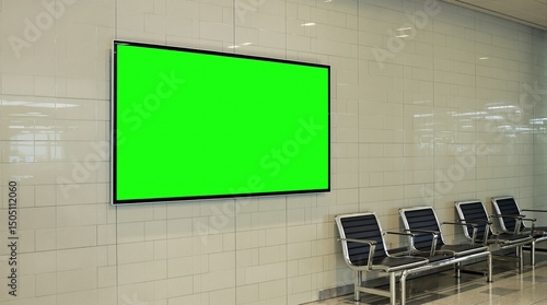 An empty waiting area with a green screen display on the wall ready for advertising.
