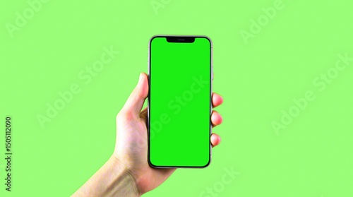 Hand holding a smartphone with a blank green screen for app design and marketing.