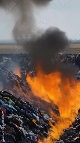 Pile of textile waste ablaze with orange flames and thick black smoke rising into the air creating visual representation of pollution.