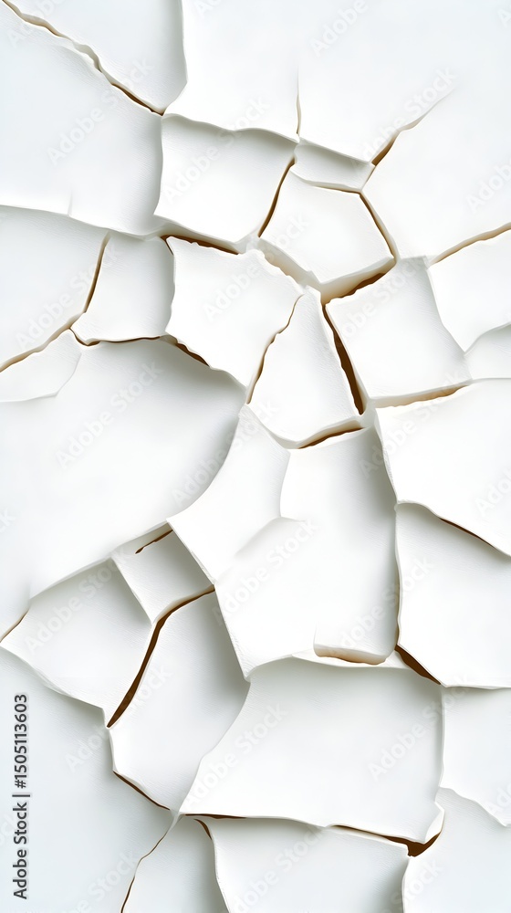 Cracked white surface, intricate network of thin, beige cracks creating a fragmented, polygonal pattern Cracked white surface, intricate network of thin, beige cracks creating a fragmented, polygonal pattern