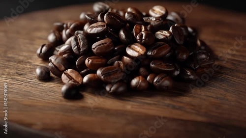 Pile of roasted coffee beans on wooden board presents rich, dark brown and fragrant aroma with morning freshness