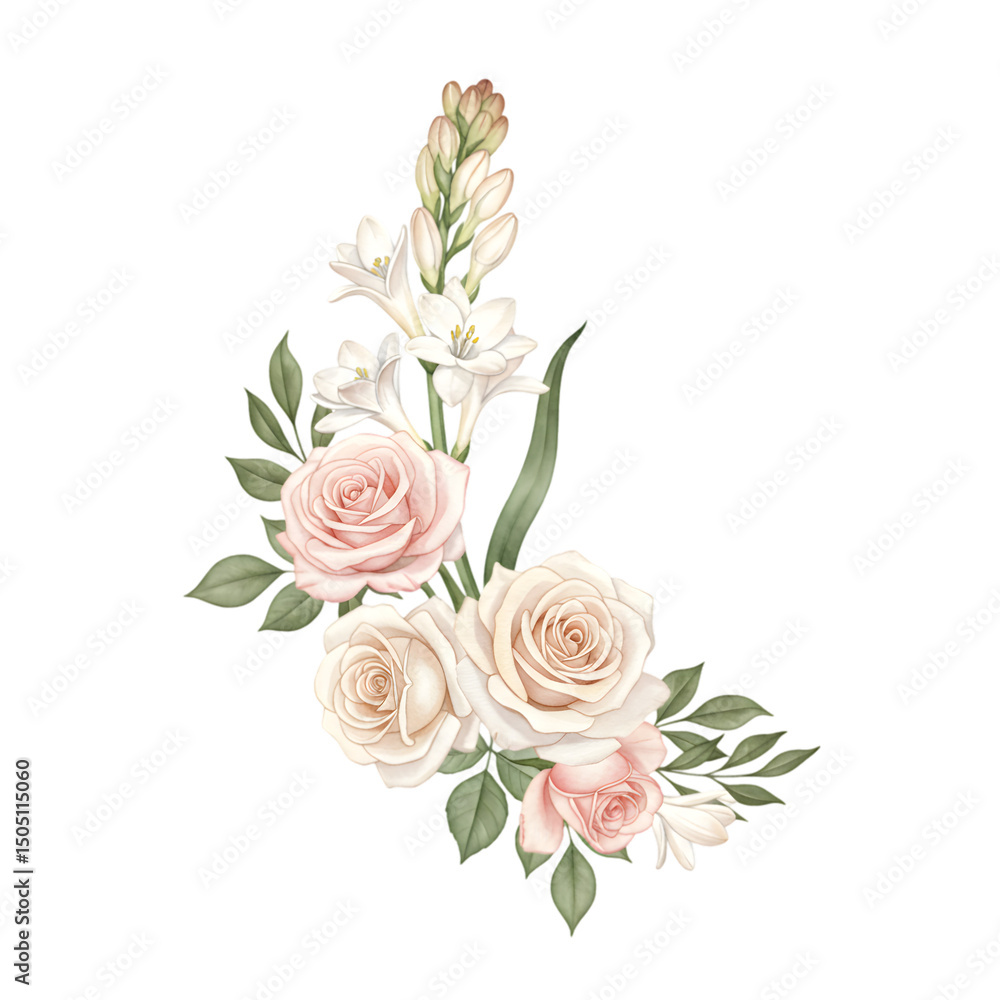 Fototapeta premium Elegant Watercolor Floral Arrangement Featuring Roses and Tuberose Blooms