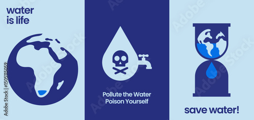 Save water awareness poster highlighting the importance of clean water, global scarcity, and environmental responsibility with bold symbolic illustrations.