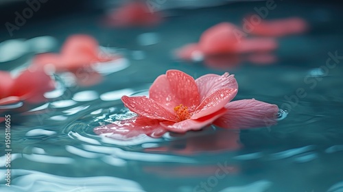 Pink camellia blossoms adrift on shimmering turquoise water a serene escape invoking tranquility in natural macro