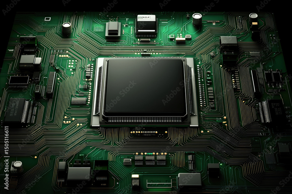Fototapeta premium Exploring technology innovations in circuit design electronics lab high-resolution image dark environment top-down view futuristic concepts for enhanced performance