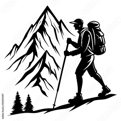 Big set of mountaineer climber hiker people, vector silhouette collection