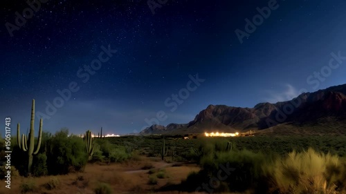 Stargazing over desert landscape at night with saguaro cacti and distant mountain range under a starry dark blue sky.