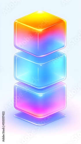 Three vibrant, translucent cubes stacked vertically, exhibiting a gradient of warm to cool colors, illuminated from above, casting subtle reflections
