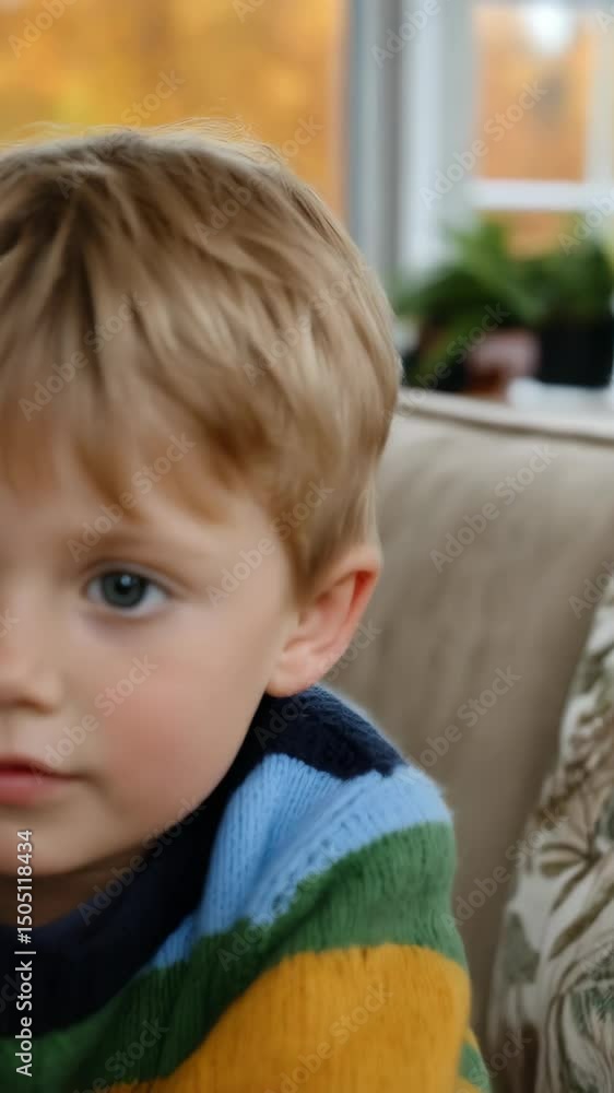 Portrait of a cute little boy with blond hair sitting indoors looking peaceful wearing a striped sweater Portrait of a cute little boy with blond hair sitting indoors looking peaceful wearing a striped sweater
