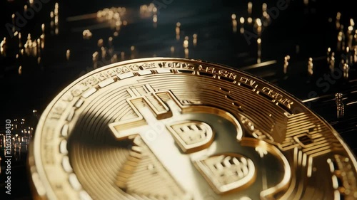 Close-up of a glowing, golden virtual currency coin on a dark reflective surface, highlighting its intricate design and technological elements.