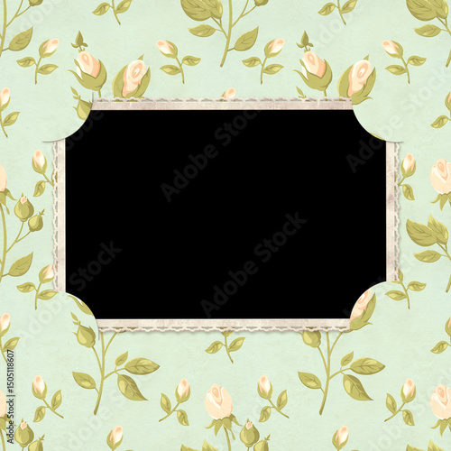 Vintage album page with retro photo frame and old paper texture with rose flower in shabby chic style. Nostalgic scrapbooking style. Mock up template. Copy space for text