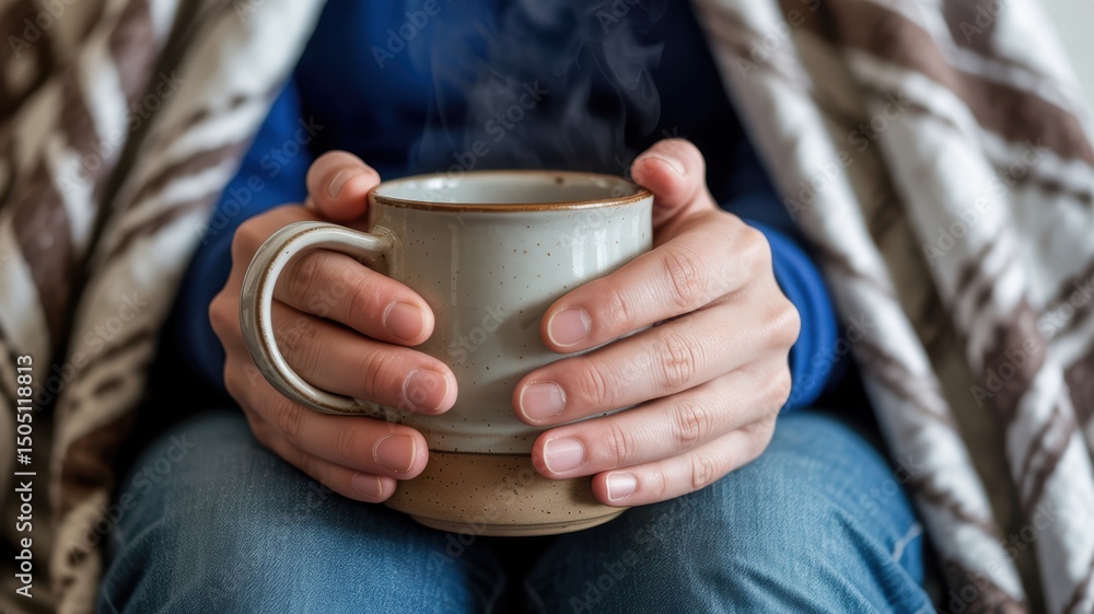 Cozy comfort with warm mug in hands on a chilly day Cozy comfort with warm mug in hands on a chilly day