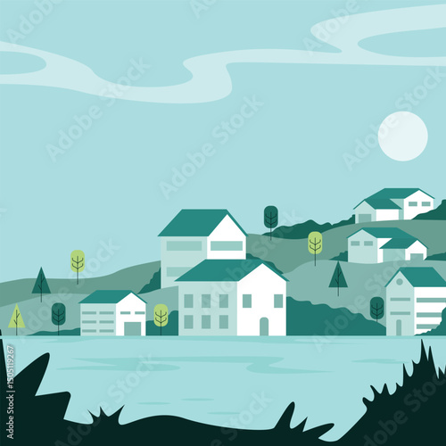 village housing near the river simple landscaped vector illustration graphic design . city building view geometric with hill bush and trees for business real estate agency